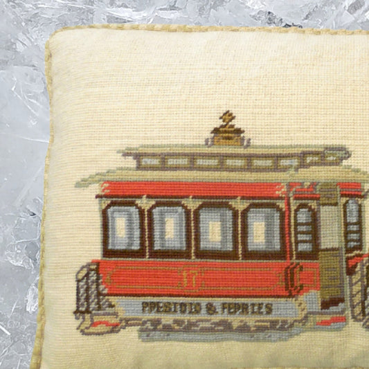 Handmade Wool Needlepoint Pillow Cover - Decorative Throw Cushion Cover - Vintage Floral Embroidery Design  SF cable car Presidio- Ferries checker cording