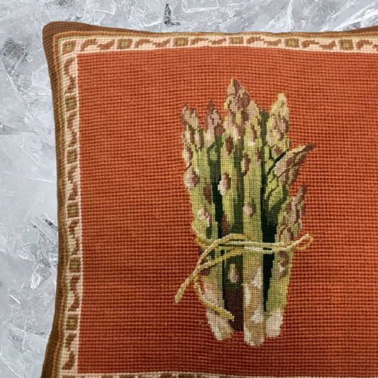 Handmade Wool Needlepoint Pillow Cover - Decorative Throw Cushion Cover - Vintage Floral Embroidery Design asparagus