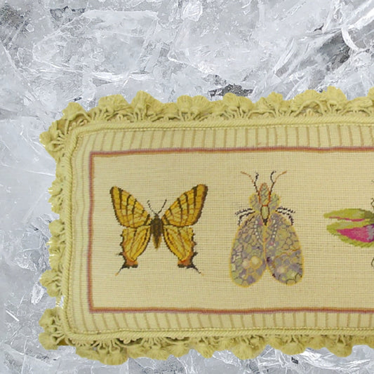 Handmade Wool Needlepoint Pillow Cover - Decorative Throw Cushion Cover - Vintage Floral Embroidery Design Jan Cooleys Bug Collection 1 insects Butterfly, Flyer, Grasshopper grosspoint background with tassels