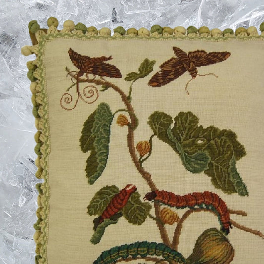 Handmade Wool Needlepoint Pillow Cover - Decorative Throw Cushion Cover - Vintage Floral Embroidery Design  background, green/brown caterpillars with 3 color tassels