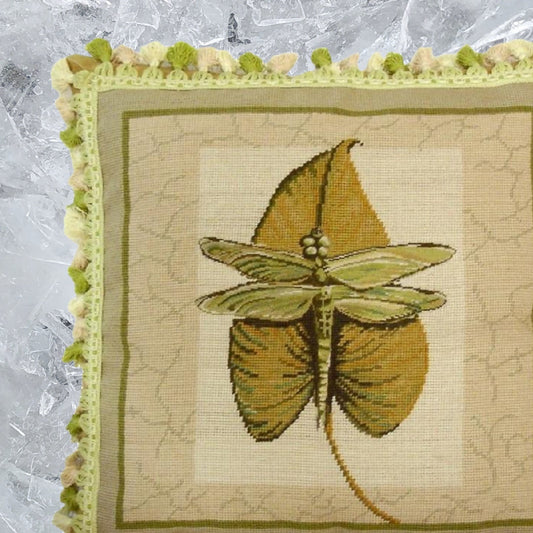 Handmade Wool Needlepoint Pillow Cover - Decorative Throw Cushion Cover - Vintage Floral Embroidery Design dragonfly background 2 color tassel