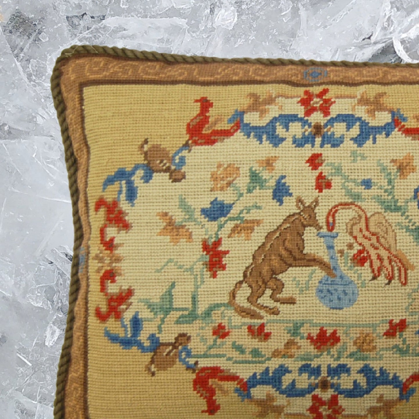 Handmade Wool Needlepoint Pillow Cover - Decorative Throw Cushion Cover - Vintage Floral Embroidery Design center rest with cording