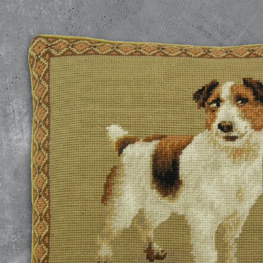 Handmade Wool Needlepoint Pillow Cover - Decorative Throw Cushion Cover - Vintage Floral Embroidery Design on eyes rest Jack Russel