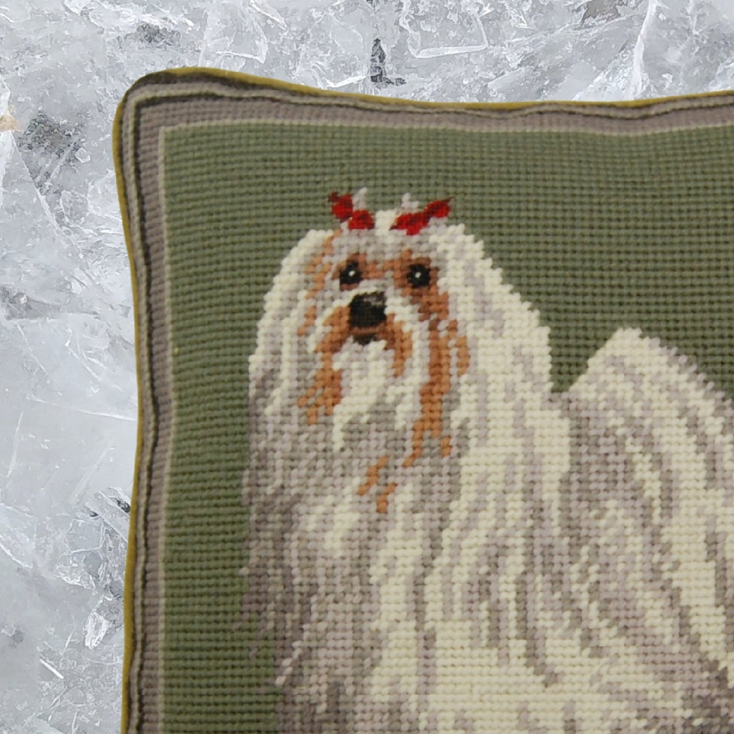Handmade Wool Needlepoint Pillow Cover - Decorative Throw Cushion Cover - Vintage Floral Embroidery Design on Malteses eyes & nose rest grosspoint