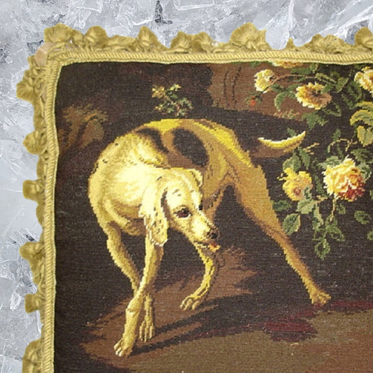 Handmade Wool Needlepoint Pillow Cover - Decorative Throw Cushion Cover - Vintage Floral Embroidery Design  brown hunting yellow rose with gold tassels