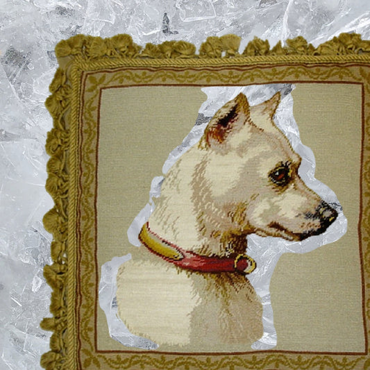 Handmade Wool Needlepoint Pillow Cover - Decorative Throw Cushion Cover - Vintage Floral Embroidery Design  Bull Terrie Light with sand nature tassel