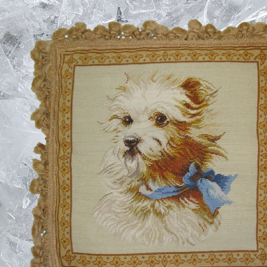 Handmade Wool Needlepoint Pillow Cover - Decorative Throw Cushion Cover - Vintage Floral Embroidery Design  Terrier dog with nature tassel