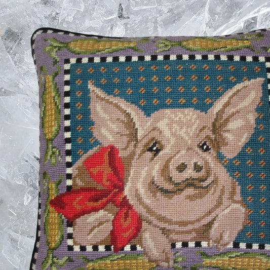 Handmade Wool Needlepoint Pillow Cover - Decorative Throw Cushion Cover - Vintage Floral Embroidery Design pig around by corn