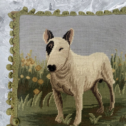 Handmade Wool Needlepoint Pillow Cover - Decorative Throw Cushion Cover - Vintage Floral Embroidery Design bullseyes dog with tassels