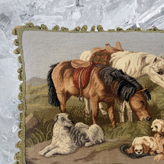 Handmade Wool Needlepoint Pillow Cover - Decorative Throw Cushion Cover - Vintage Floral Embroidery Design  Horses & Dogs with 2 color tassels
