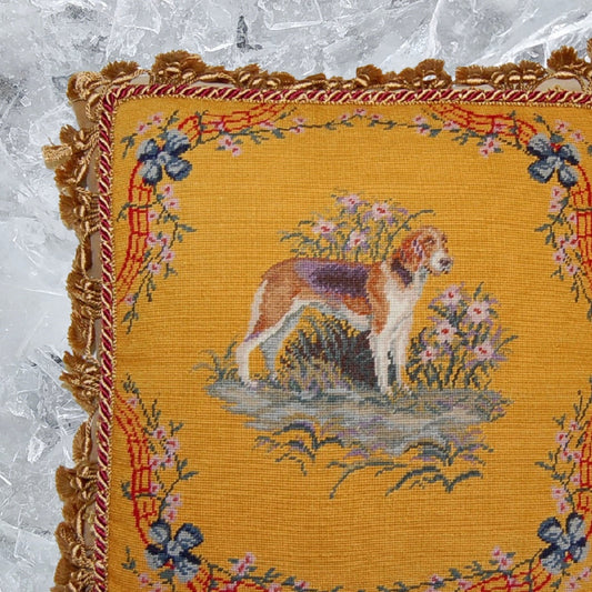 Handmade Wool Needlepoint Pillow Cover - Decorative Throw Cushion Cover - Vintage Floral Embroidery Design  dog with gold tassel