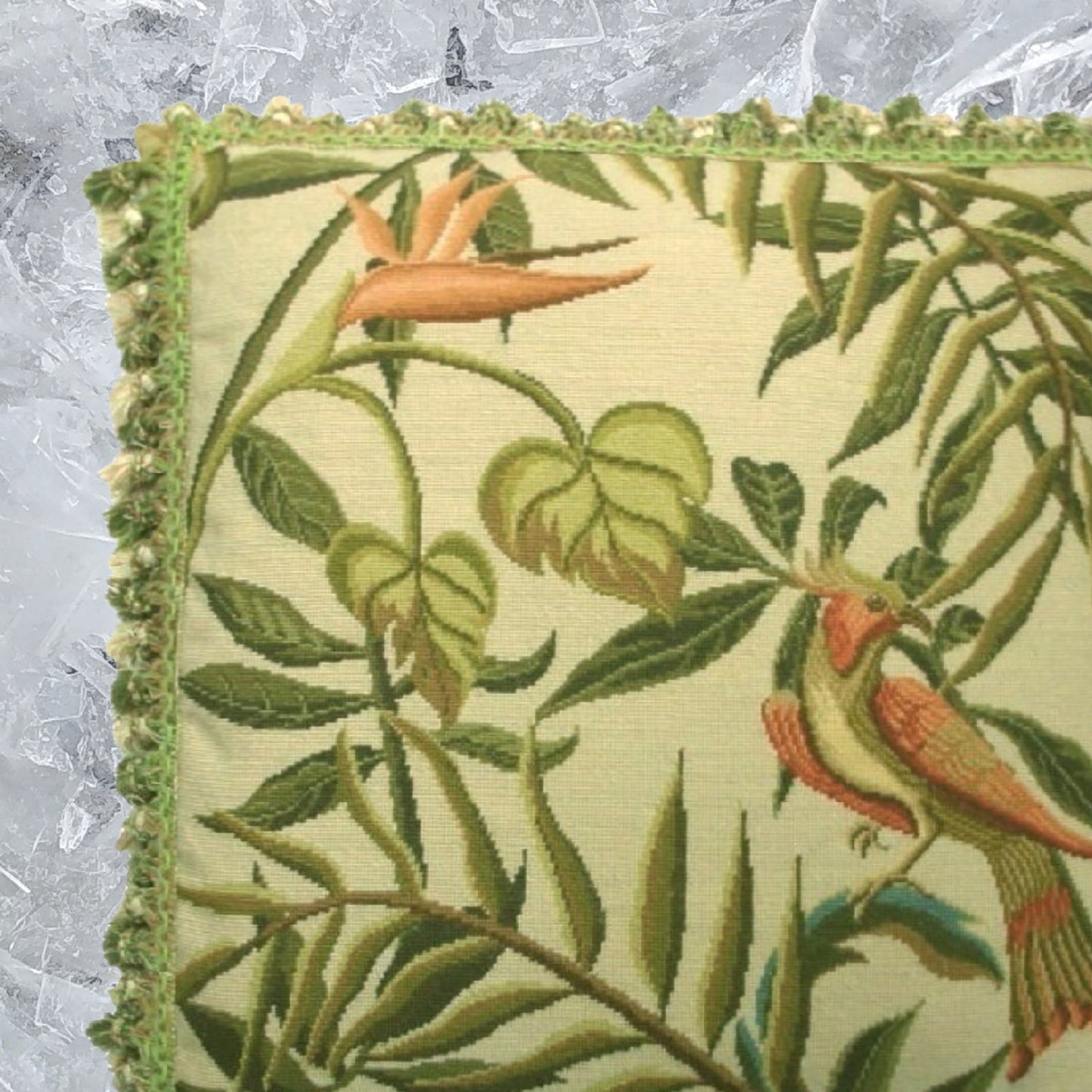 Handmade Wool Needlepoint Pillow Cover - Decorative Throw Cushion Cover - Vintage Floral Embroidery Design birds of Paradise with tassel