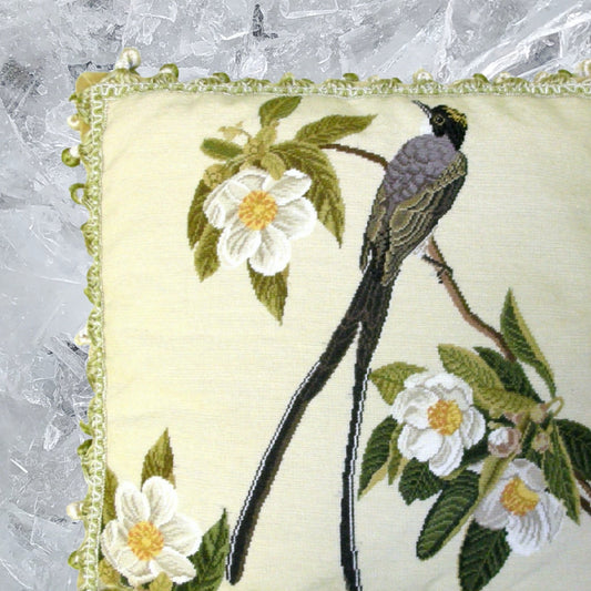 Handmade Wool Needlepoint Pillow Cover - Decorative Throw Cushion Cover - Vintage Floral Embroidery Design  bird & magnolia with 2 color tassel