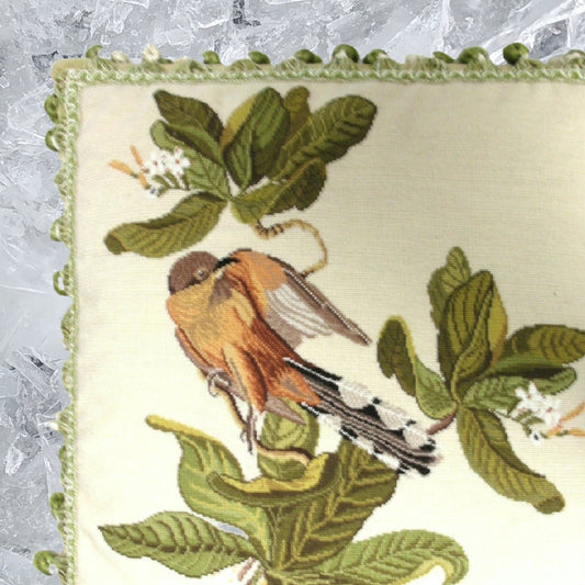 Handmade Wool Needlepoint Pillow Cover - Decorative Throw Cushion Cover - Vintage Floral Embroidery Design  bird & dogwood with 2 color tassel