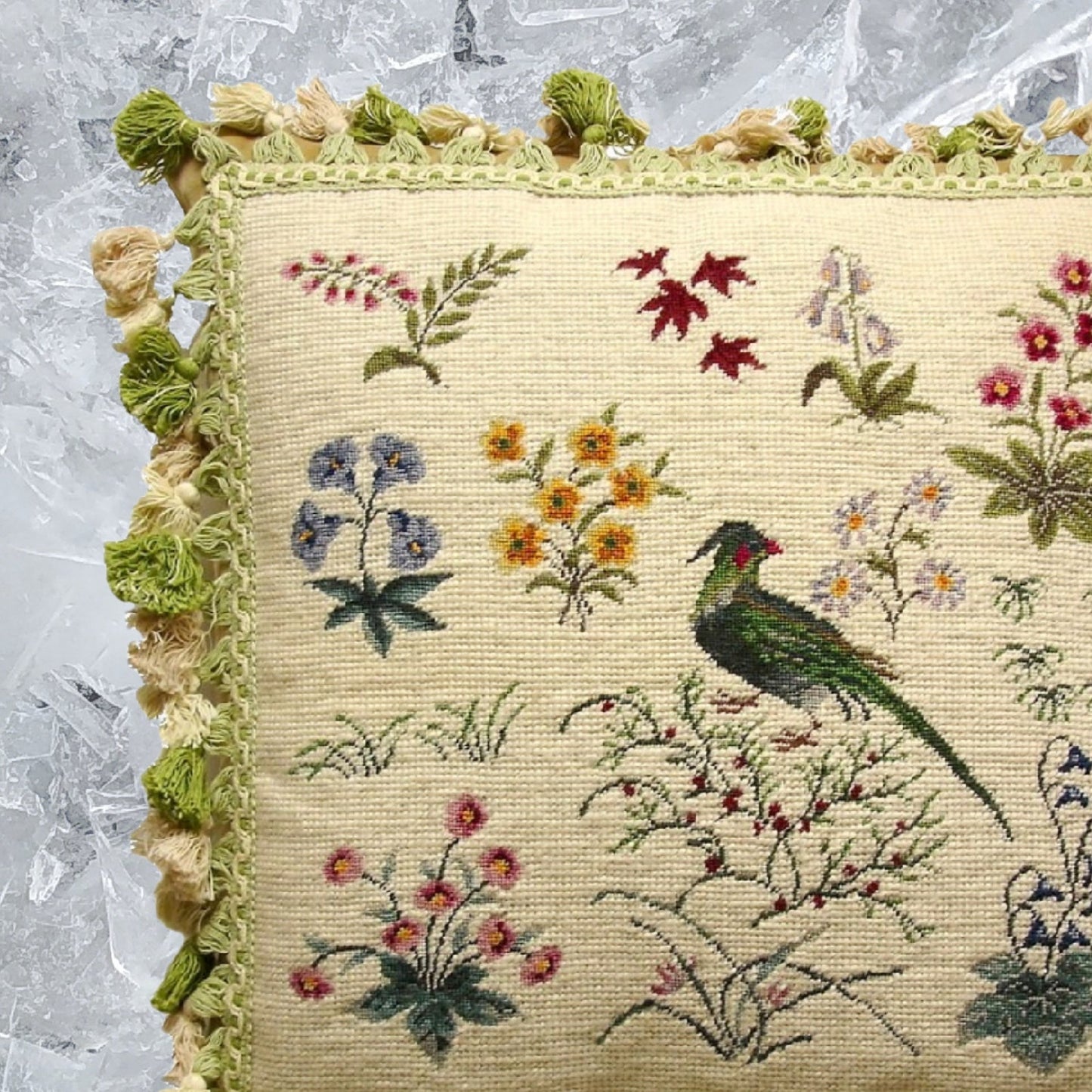 Handmade Wool Needlepoint Pillow Cover - Decorative Throw Cushion Cover - Vintage Floral Embroidery Design w/3 color tassel 2