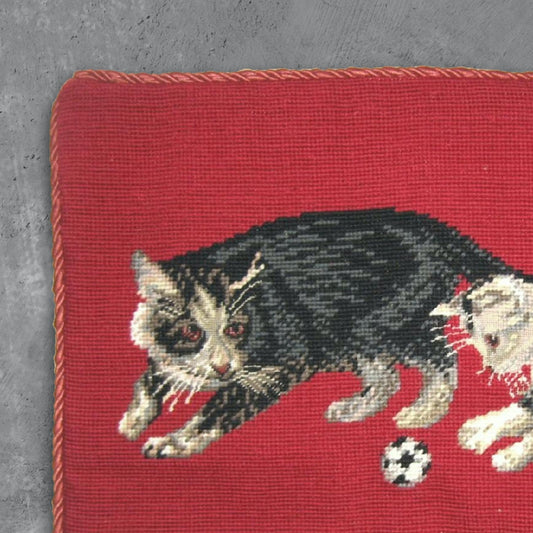 Handmade Wool Needlepoint Pillow Cover - Decorative Throw Cushion Cover - Vintage Floral Embroidery Design  on cat faces rest of in red background with cording