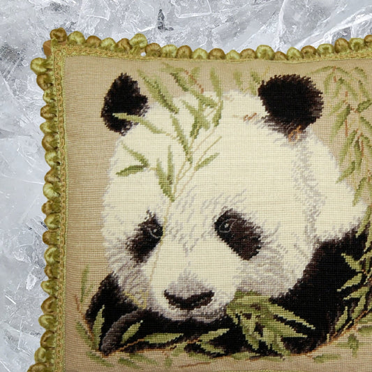 Handmade Wool Needlepoint Pillow Cover - Decorative Throw Cushion Cover - Vintage Floral Embroidery Design panda with tassels