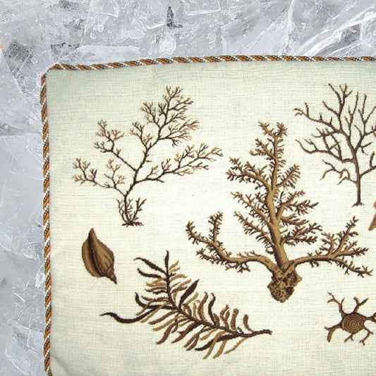 Handmade Wool Needlepoint Pillow Cover - Decorative Throw Cushion Cover - Vintage Floral Embroidery Design group seaweeds center brown coral with cording