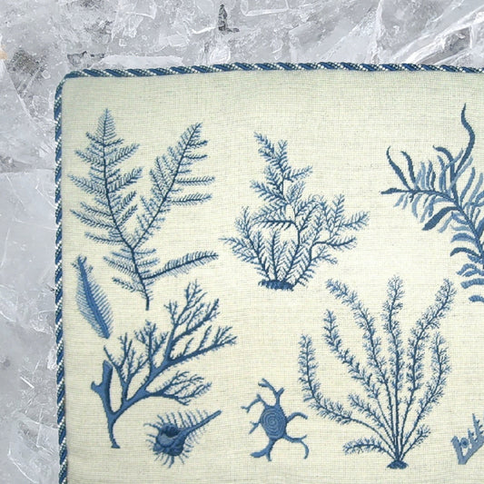 Handmade Wool Needlepoint Pillow Cover - Decorative Throw Cushion Cover - Vintage Floral Embroidery Design blue group seaweeds with cording