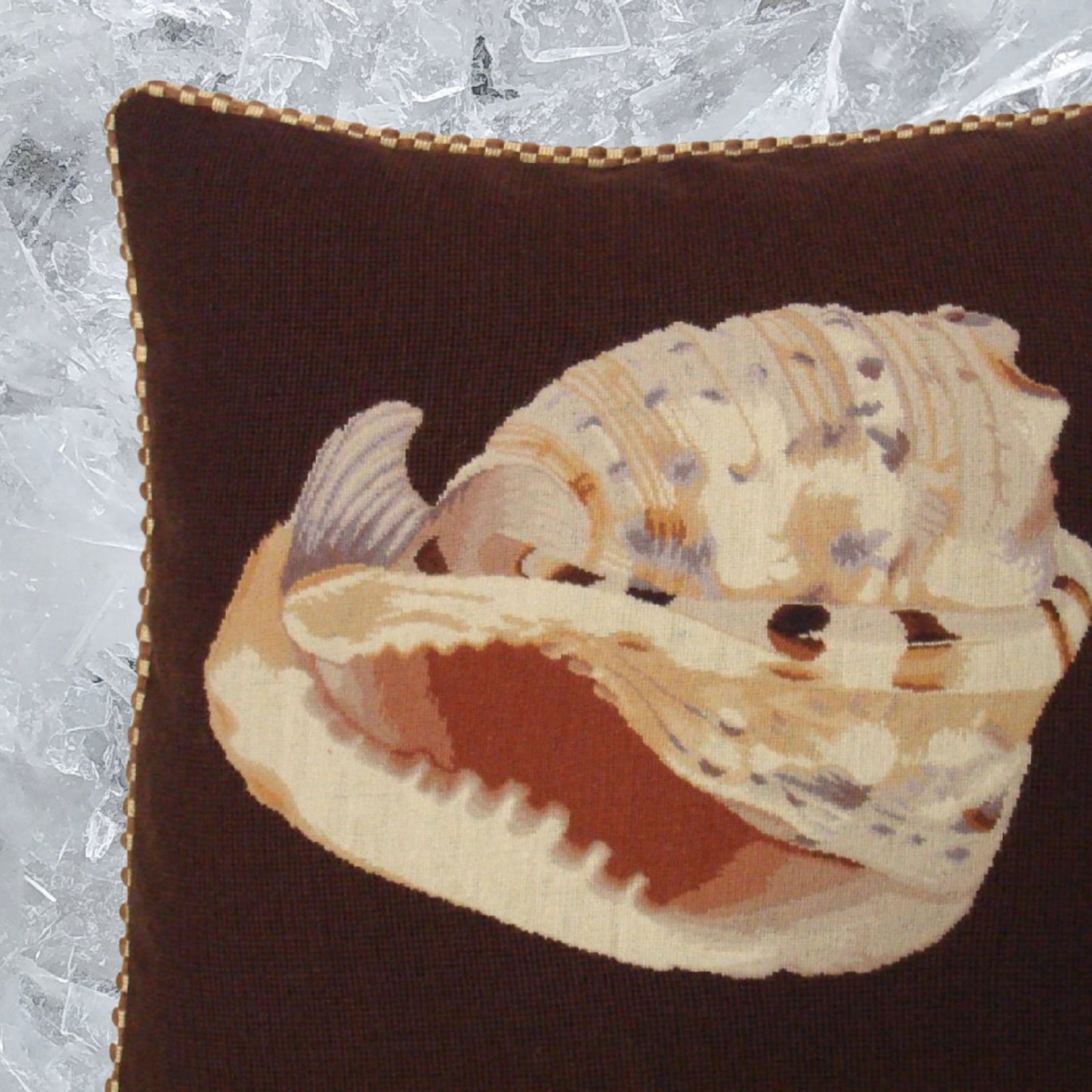 Handmade Wool Needlepoint Pillow Cover - Decorative Throw Cushion Cover - Vintage Floral Embroidery Design Conch shell dark brown background with cording