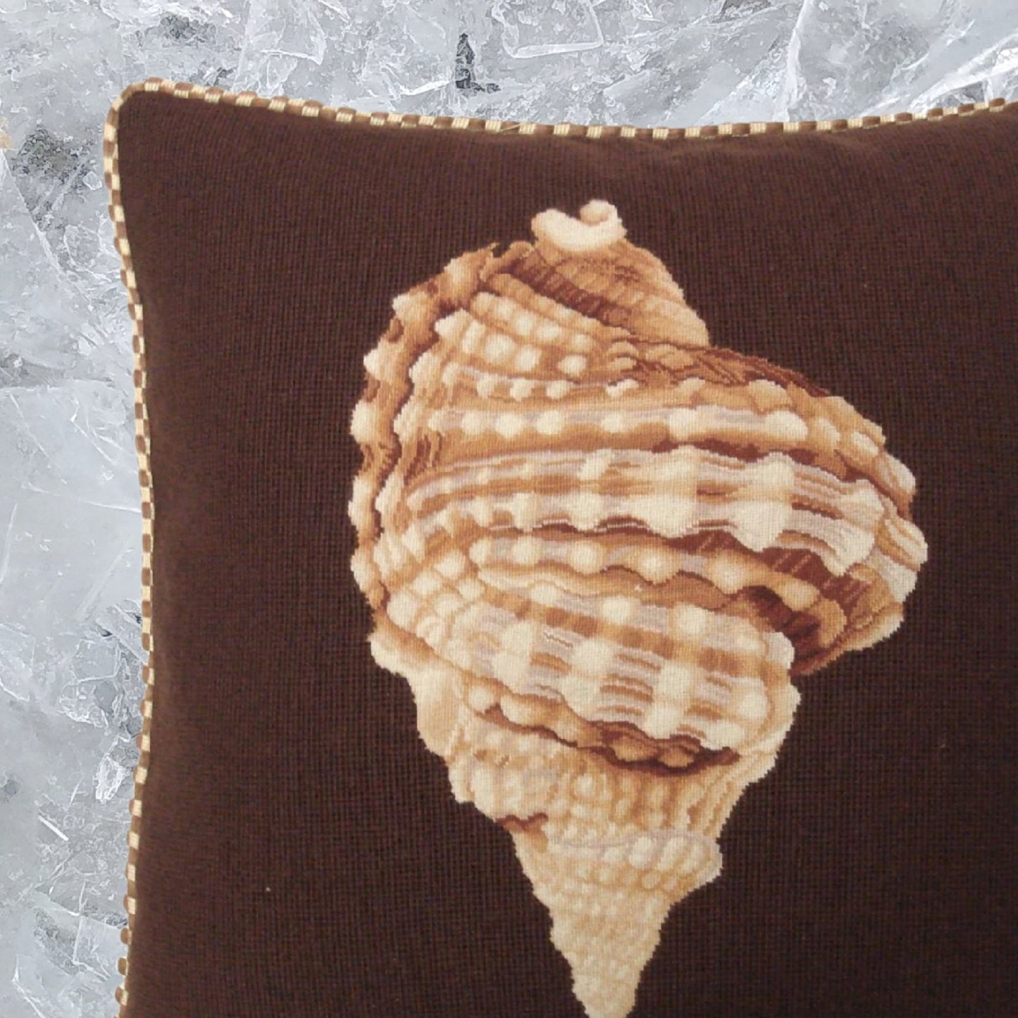 Handmade Wool Needlepoint Pillow Cover - Decorative Throw Cushion Cover - Vintage Floral Embroidery Design Hawaii Granulated frog shell dark brown background with cording