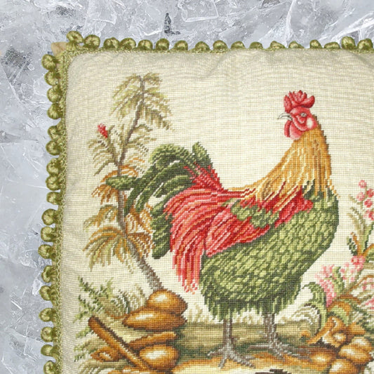 Handmade Wool Needlepoint Pillow Cover - Decorative Throw Cushion Cover - Vintage Floral Embroidery Design roosters face backgound with 2 color tassels