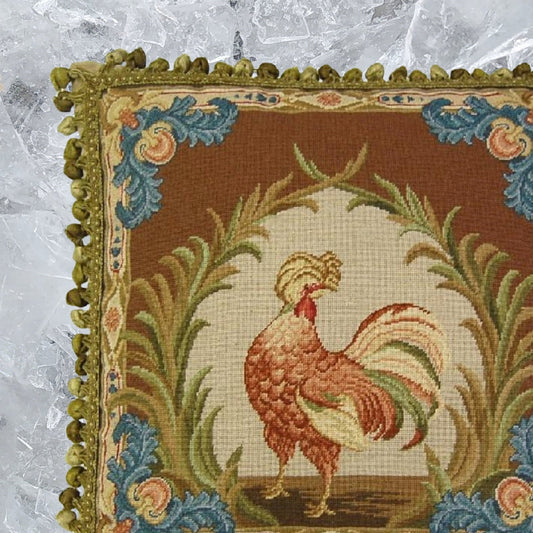 Handmade Wool Needlepoint Pillow Cover - Decorative Throw Cushion Cover - Vintage Floral Embroidery Design  Old World gallinaceous game bird -partridge looking back with tassels 1