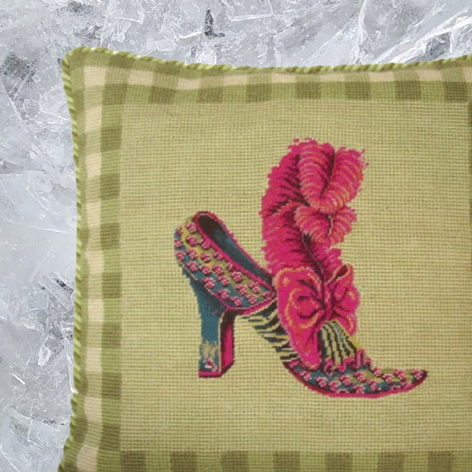 Handmade Wool Needlepoint Pillow Cover - Decorative Throw Cushion Cover - Vintage Floral Embroidery Design feather shoe with green background 2 color cording