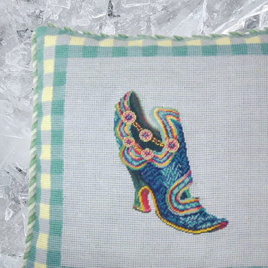 Handmade Wool Needlepoint Pillow Cover - Decorative Throw Cushion Cover - Vintage Floral Embroidery Design leather shoe with blue background 2 color cording