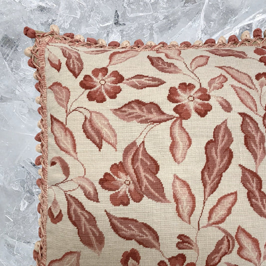 Handmade Wool Needlepoint Pillow Cover - Decorative Throw Cushion Cover - Vintage Floral Embroidery Design  red leaves with tassel