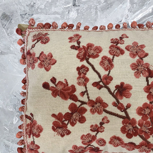 Handmade Wool Needlepoint Pillow Cover - Decorative Throw Cushion Cover - Vintage Floral Embroidery Design red blooming plums with tassels