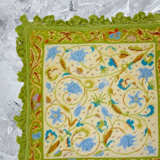 Handmade Wool Needlepoint Pillow Cover - Decorative Throw Cushion Cover - Vintage Floral Embroidery Design blue, green roses & Irish lime green frame & tassels