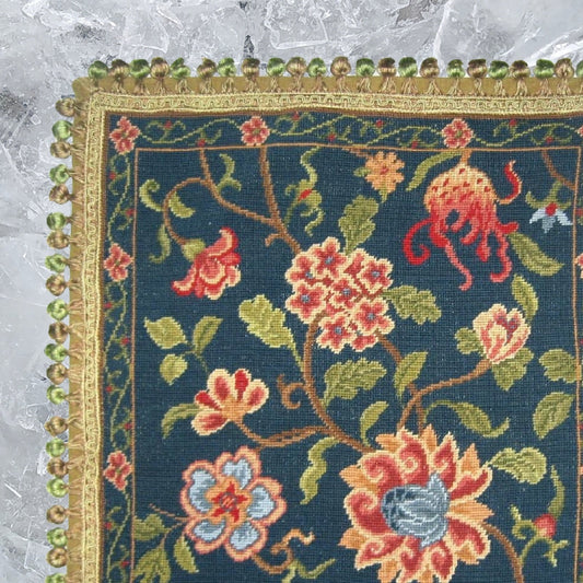 Handmade Wool Needlepoint Pillow Cover - Decorative Throw Cushion Cover - Vintage Floral Embroidery Design navy blue back Litchy flower 2 with blue heads with tassels