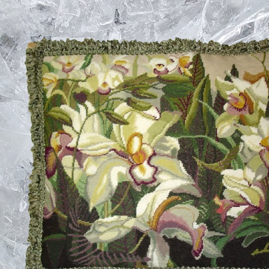 Handmade Wool Needlepoint Pillow Cover - Decorative Throw Cushion Cover - Vintage Floral Embroidery Design  Iris in shade of  ivory, pink purple, yellow green, with green tassels