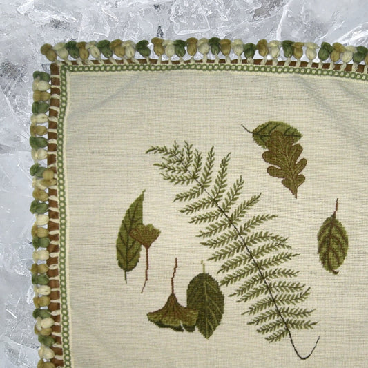 Handmade Wool Needlepoint Pillow Cover - Decorative Throw Cushion Cover - Vintage Floral Embroidery Design fern, leaves with 3 color tassels