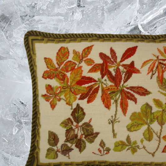 Handmade Wool Needlepoint Pillow Cover - Decorative Throw Cushion Cover - Vintage Floral Embroidery Design  banboo frame autumn leaves with cording