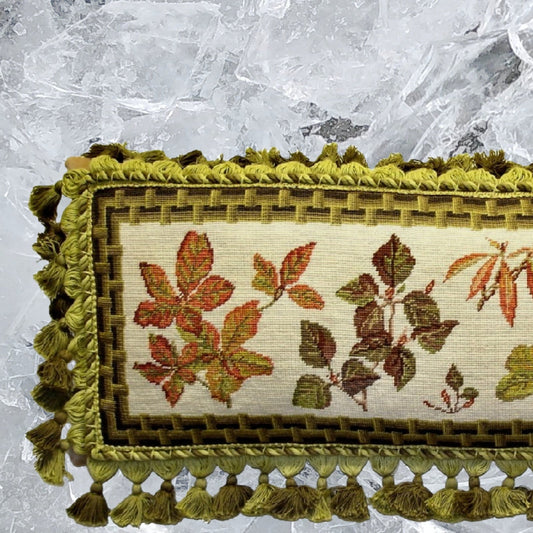 Handmade Wool Needlepoint Pillow Cover - Decorative Throw Cushion Cover - Vintage Floral Embroidery Design  leaves with brown bamboo frame 3 color tassels 1