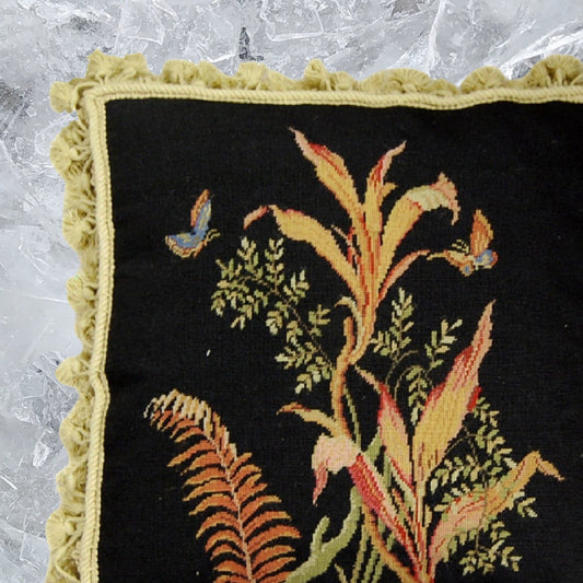 Handmade Wool Needlepoint Pillow Cover - Decorative Throw Cushion Cover - Vintage Floral Embroidery Design  tropical fern 2 blue butterflies black background with tassels