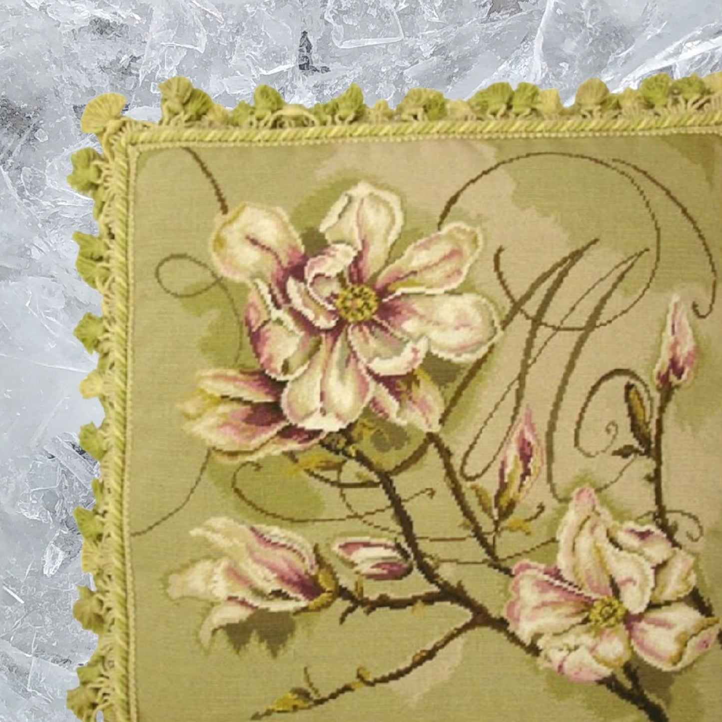 Handmade Wool Needlepoint Pillow Cover - Decorative Throw Cushion Cover - Vintage Floral Embroidery Design Kathryn White designMagnolia Trumeau with tassel