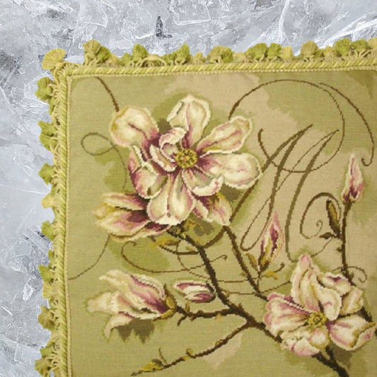 Handmade Wool Needlepoint Pillow Cover - Decorative Throw Cushion Cover - Vintage Floral Embroidery Design  Kathryn White designMagnolia Trumeau with tassel