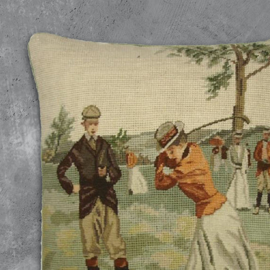 Handmade Wool Needlepoint Pillow Cover - Decorative Throw Cushion Cover - Vintage Floral Embroidery Design  background Golfer