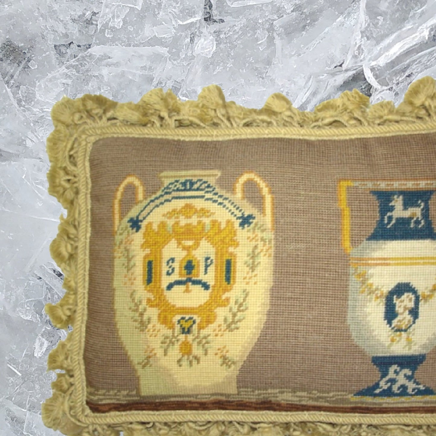 Handmade Wool Needlepoint Pillow Cover - Decorative Throw Cushion Cover - Vintage Floral Embroidery Design French antique Napoleon Bonaparte vases with tassels