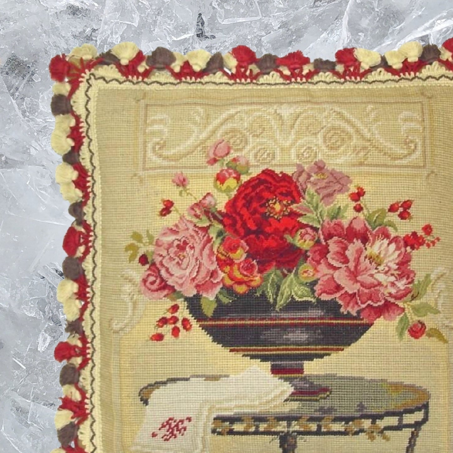 Handmade Wool Needlepoint Pillow Cover - Decorative Throw Cushion Cover - Vintage Floral Embroidery Design Kathryn White Design a