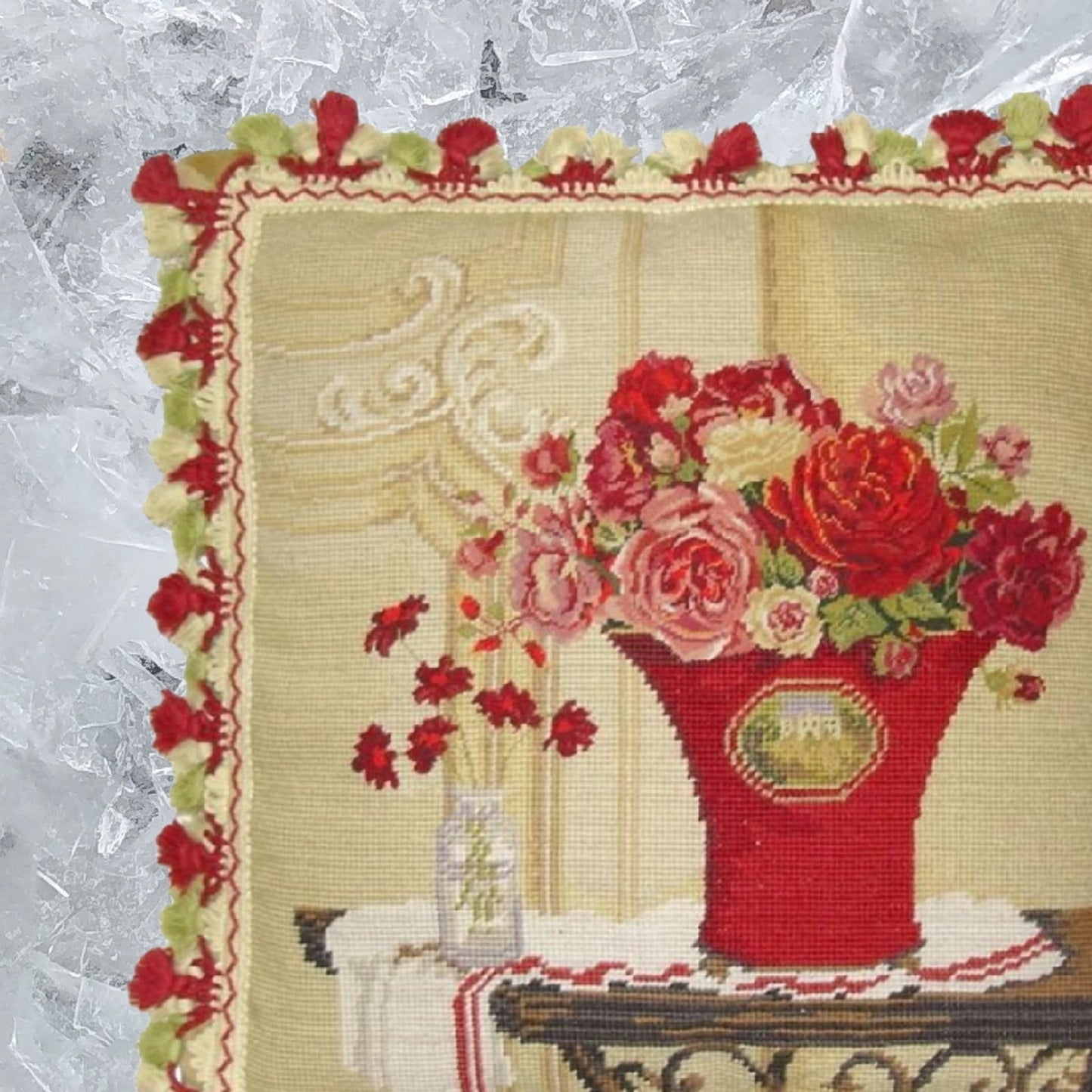 Handmade Wool Needlepoint Pillow Cover - Decorative Throw Cushion Cover - Vintage Floral Embroidery Design Kathryn White Design b