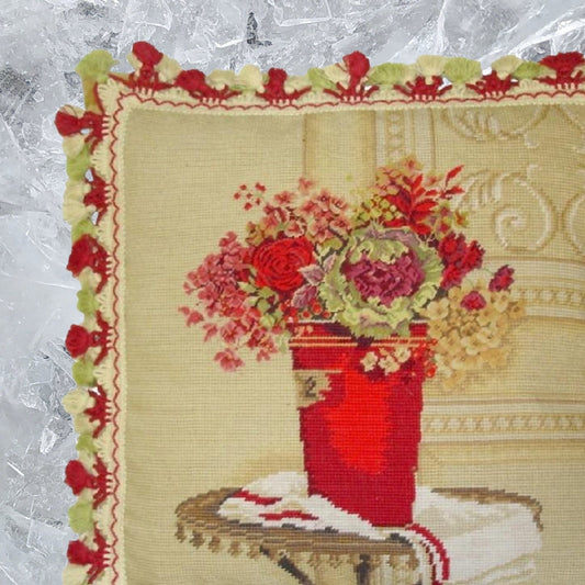 Handmade Wool Needlepoint Pillow Cover - Decorative Throw Cushion Cover - Vintage Floral Embroidery Design  Kathryn White Design c