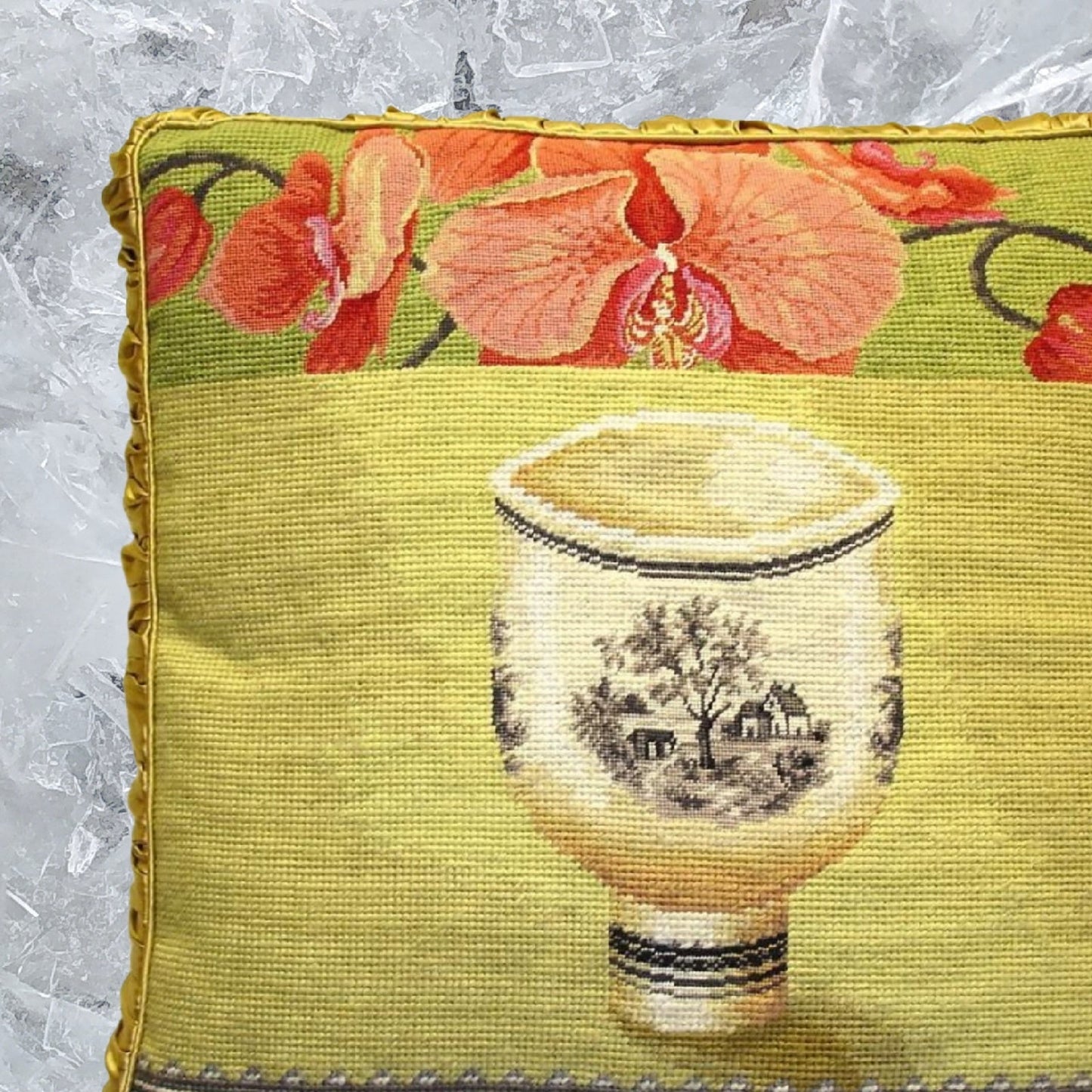 Handmade Wool Needlepoint Pillow Cover - Decorative Throw Cushion Cover - Vintage Floral Embroidery Design Kathryn White Design L