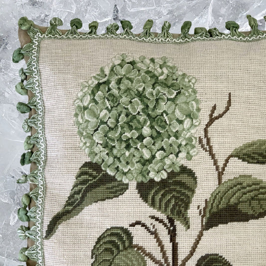 Handmade Wool Needlepoint Pillow Cover - Decorative Throw Cushion Cover - Vintage Floral Embroidery Design green hydrangea with green/white tassels