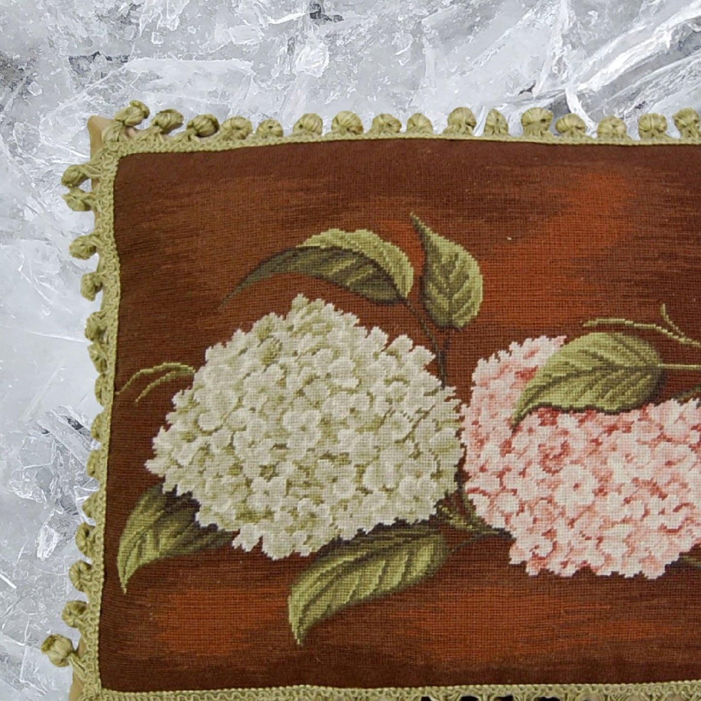 Handmade Wool Needlepoint Pillow Cover - Decorative Throw Cushion Cover - Vintage Floral Embroidery Design brown background pink & green hydrangea with tassels