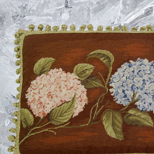 Handmade Wool Needlepoint Pillow Cover - Decorative Throw Cushion Cover - Vintage Floral Embroidery Design  brown background pink & blue hydrangea with tassels