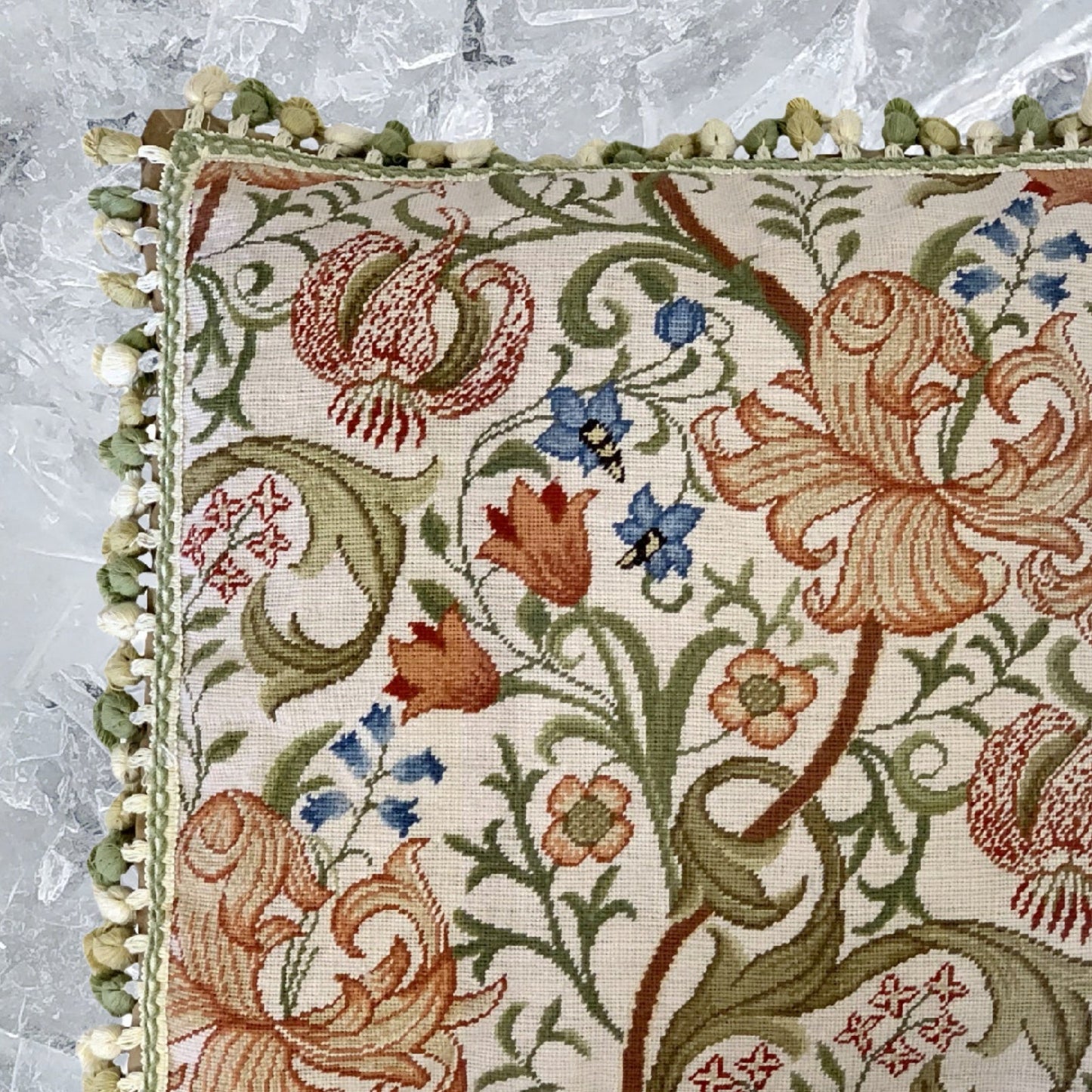 Handmade Wool Needlepoint Pillow Cover - Decorative Throw Cushion Cover - Vintage Floral Embroidery Design floral in orange pink green blue with tassels A